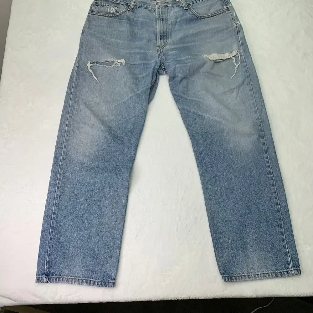VTG Levi's 505 Mens 40x32 Regular Fit Light Wash Distressed Denim Blue Jeans